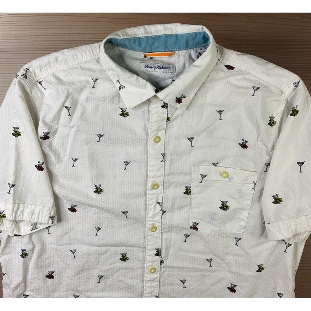Tommy Bahama Shirt Cocktails Martinis AOP Button Front Textured Men Sz XL Tencel